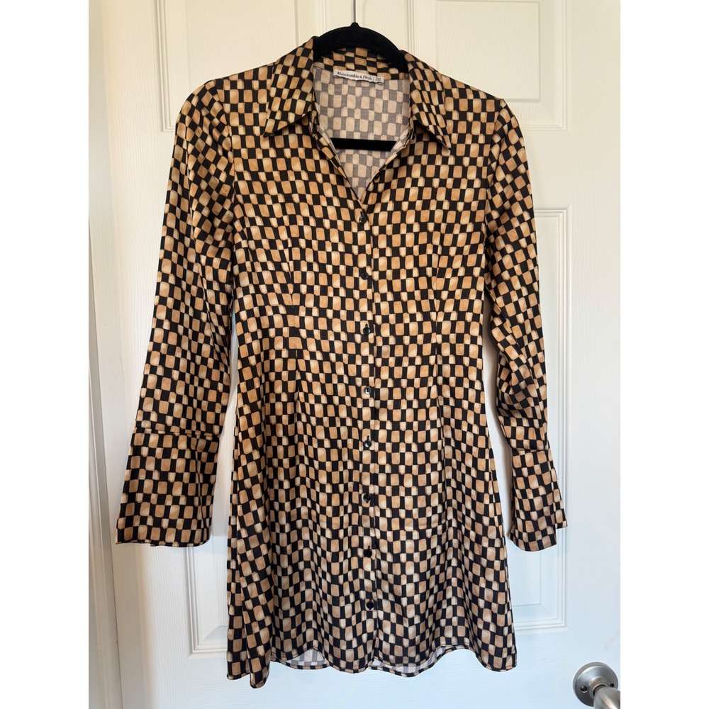 Abercrombie & Fitch Brown Checkered Long Sleeve Mini Shirt Dress XSP